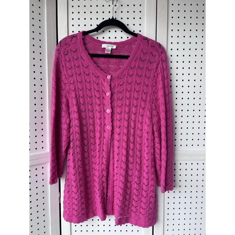 CJ BANKS Women's 1X Pink Open Knit Button Cardigan Sweater 3/4 SLV Crochet